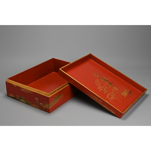 353 - A JAPANESE MATCHING RYUKU RED/GOLD LACQUER WRITING BOX, SUZURIBAKO AND DOCUMENT BOX, RYOSHIBAKO, MEI... 