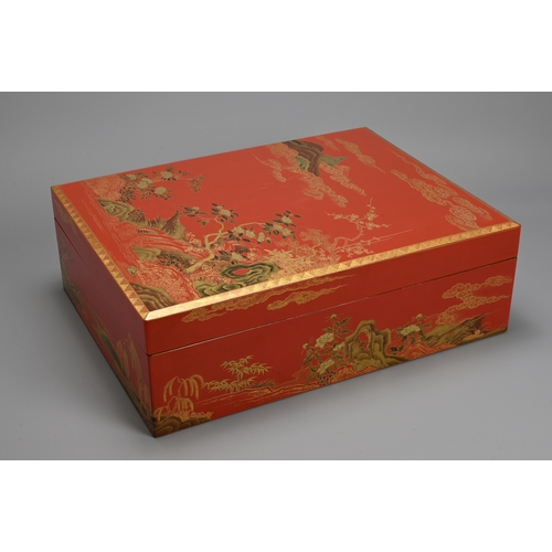 353 - A JAPANESE MATCHING RYUKU RED/GOLD LACQUER WRITING BOX, SUZURIBAKO AND DOCUMENT BOX, RYOSHIBAKO, MEI... 