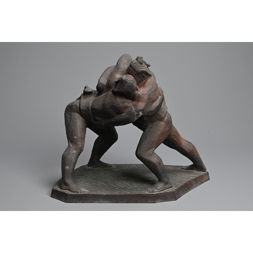 358 - A JAPANESE BRONZE SCULPTURE OF SUMO WRESTLERS, INOSUKE YAMAGUCHI, 20TH CENTURY. Sumo wrestlers locke... 