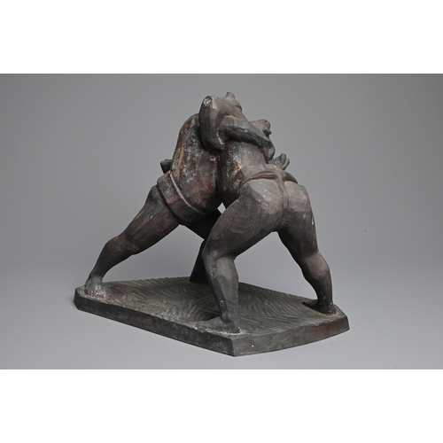 358 - A JAPANESE BRONZE SCULPTURE OF SUMO WRESTLERS, INOSUKE YAMAGUCHI, 20TH CENTURY. Sumo wrestlers locke... 