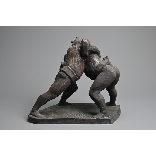 358 - A JAPANESE BRONZE SCULPTURE OF SUMO WRESTLERS, INOSUKE YAMAGUCHI, 20TH CENTURY. Sumo wrestlers locke... 