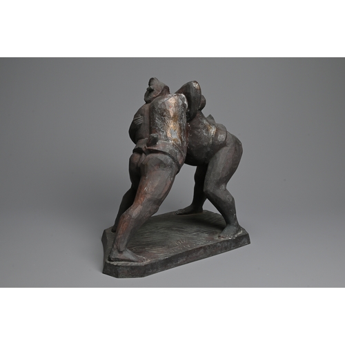 358 - A JAPANESE BRONZE SCULPTURE OF SUMO WRESTLERS, INOSUKE YAMAGUCHI, 20TH CENTURY. Sumo wrestlers locke... 