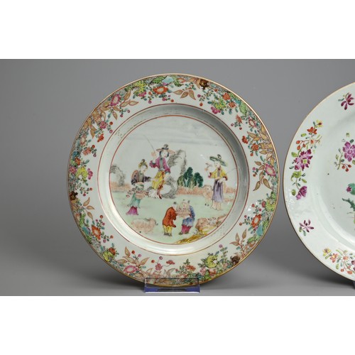 243 - FOUR CHINESE PORCELAIN DISHES, 18TH CENTURY.  The first decorated in famille rose with ladies and ch... 