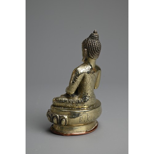 264 - A TIBETAN POLISHED BRONZE AND COPPER FIGURE OF BUDDHA, 19/20TH CENTURY. The figure seated on a lotus... 