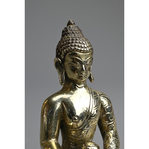 264 - A TIBETAN POLISHED BRONZE AND COPPER FIGURE OF BUDDHA, 19/20TH CENTURY. The figure seated on a lotus... 