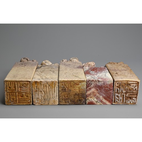 267 - A GROUP OF CHINESE CARVED SOAPSTONE SEALS, 20TH CENTURY. Each of tall square form surmounted by lion... 