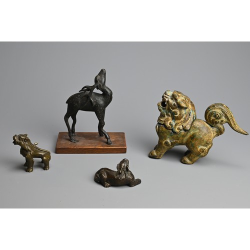 283 - A GROUP OF CHINESE BRONZE ITEMS, QING DYNASTY AND LATER. To include a model of a deer with its head ... 