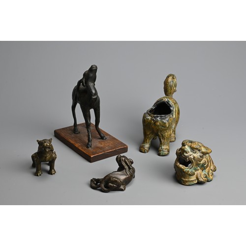 283 - A GROUP OF CHINESE BRONZE ITEMS, QING DYNASTY AND LATER. To include a model of a deer with its head ... 