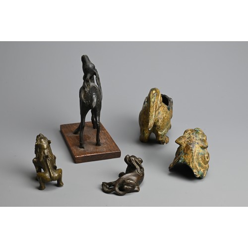 283 - A GROUP OF CHINESE BRONZE ITEMS, QING DYNASTY AND LATER. To include a model of a deer with its head ... 