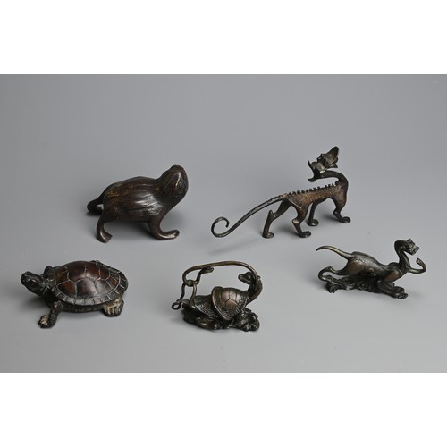 285 - A GROUP OF CHINESE BRONZE AND WOOD ITEMS, 20TH CENTURY. To include a carved wood model of a turtle; ... 