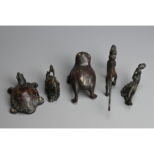 285 - A GROUP OF CHINESE BRONZE AND WOOD ITEMS, 20TH CENTURY. To include a carved wood model of a turtle; ... 