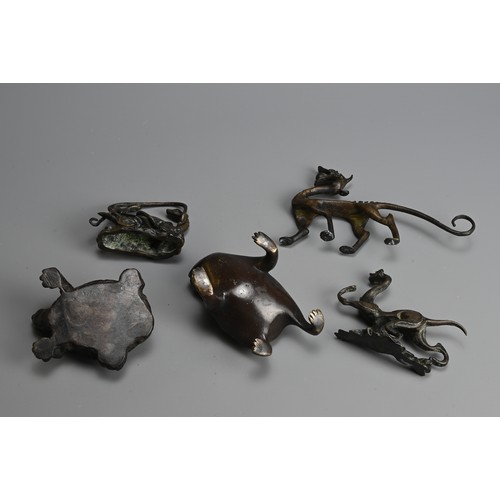 285 - A GROUP OF CHINESE BRONZE AND WOOD ITEMS, 20TH CENTURY. To include a carved wood model of a turtle; ... 