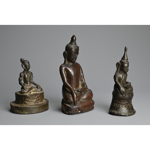 286 - THREE SOUTH EAST ASIAN BRONZE FIGURES OF BUDDHA, 18/19TH CENTURY. To include a Burmese figure of Sha... 