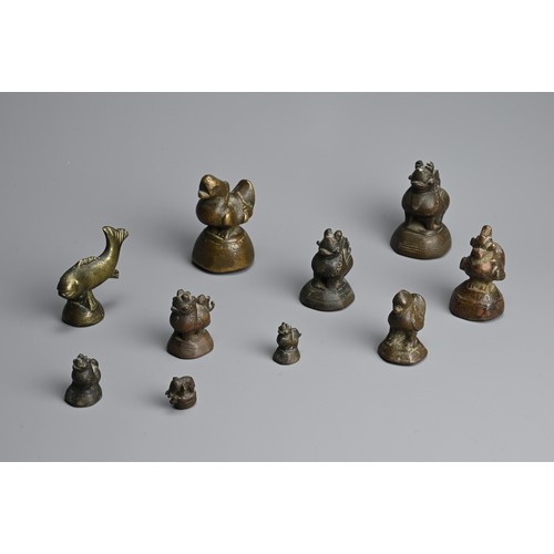 287 - A GROUP OF BURMESE BRONZE OPIUM WEIGHTS, 19TH CENTURY. In the form of Hintha Duck, Chinthe, elephant... 