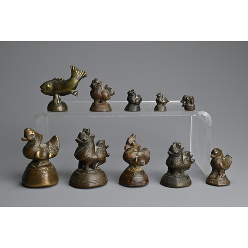 287 - A GROUP OF BURMESE BRONZE OPIUM WEIGHTS, 19TH CENTURY. In the form of Hintha Duck, Chinthe, elephant... 