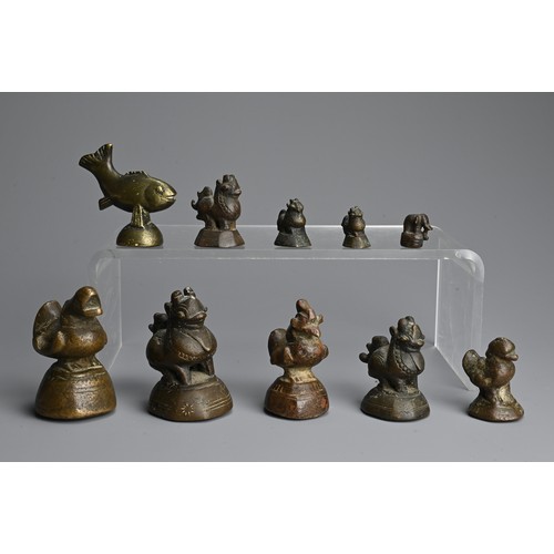 287 - A GROUP OF BURMESE BRONZE OPIUM WEIGHTS, 19TH CENTURY. In the form of Hintha Duck, Chinthe, elephant... 