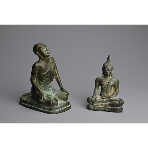 289 - TWO SOUTH EAST ASIAN BRONZE FIGURES, 19/20TH CENTURY. To include a Burmese figure of a kneeling monk... 