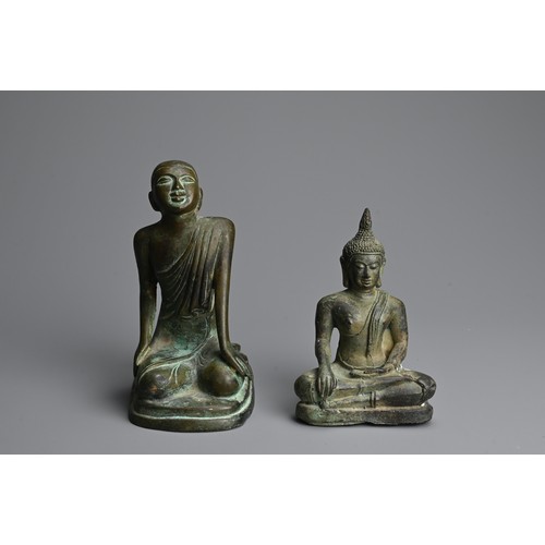 289 - TWO SOUTH EAST ASIAN BRONZE FIGURES, 19/20TH CENTURY. To include a Burmese figure of a kneeling monk... 