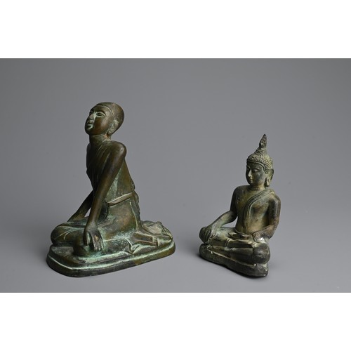 289 - TWO SOUTH EAST ASIAN BRONZE FIGURES, 19/20TH CENTURY. To include a Burmese figure of a kneeling monk... 