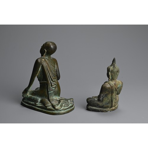 289 - TWO SOUTH EAST ASIAN BRONZE FIGURES, 19/20TH CENTURY. To include a Burmese figure of a kneeling monk... 