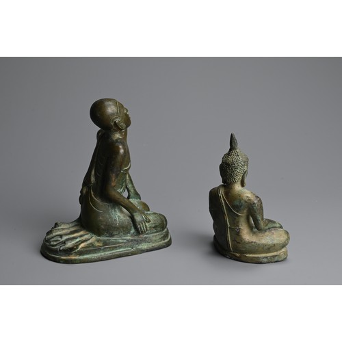 289 - TWO SOUTH EAST ASIAN BRONZE FIGURES, 19/20TH CENTURY. To include a Burmese figure of a kneeling monk... 