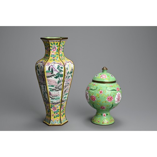 301 - A CHINESE CLOISONNE ENAMEL YELLOW-GROUND BALUSTER VASE AND A GREEN GROUND OVIFORM VASE AND COVER, EA... 