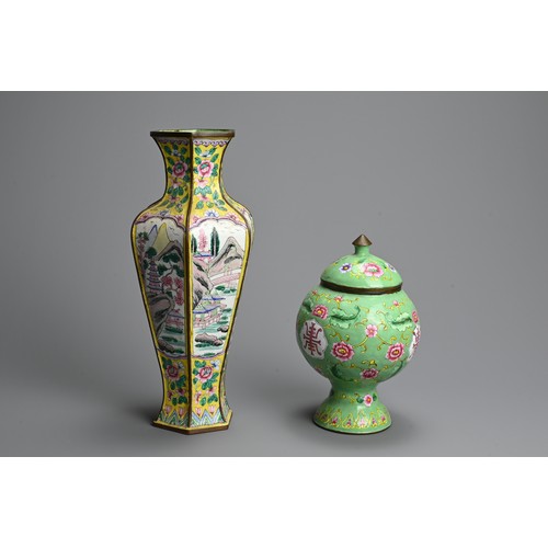 301 - A CHINESE CLOISONNE ENAMEL YELLOW-GROUND BALUSTER VASE AND A GREEN GROUND OVIFORM VASE AND COVER, EA... 