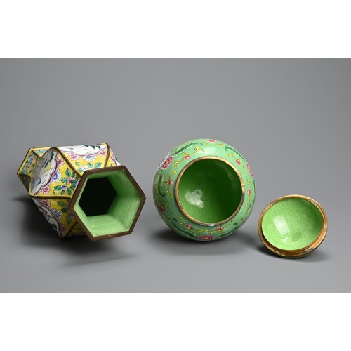 301 - A CHINESE CLOISONNE ENAMEL YELLOW-GROUND BALUSTER VASE AND A GREEN GROUND OVIFORM VASE AND COVER, EA... 