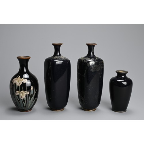 305 - A GROUP OF EARLY 20TH CENTURY JAPANESE CLOISONNE ENAMEL BLACK GROUND VASES. Comprising a pair of tap... 