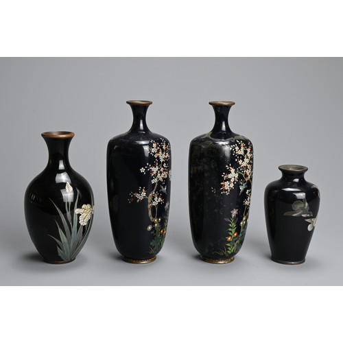 305 - A GROUP OF EARLY 20TH CENTURY JAPANESE CLOISONNE ENAMEL BLACK GROUND VASES. Comprising a pair of tap... 