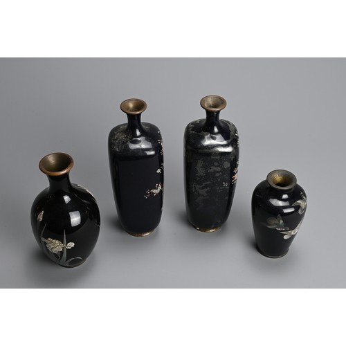 305 - A GROUP OF EARLY 20TH CENTURY JAPANESE CLOISONNE ENAMEL BLACK GROUND VASES. Comprising a pair of tap... 