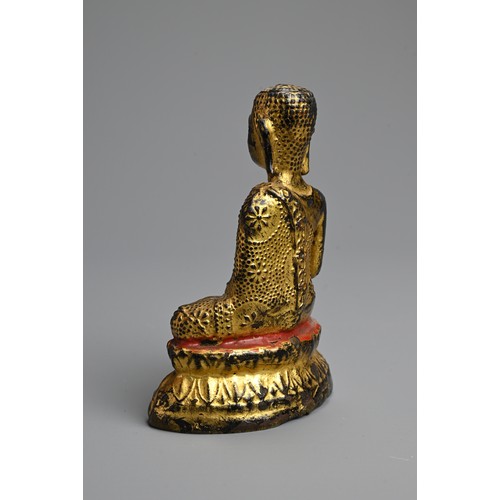 288 - A GOLD LACQUERED BRONZE FIGURE OF BUDDHA, 19TH CENTURY. Seated on a lotus base wearing a dhoti decor... 