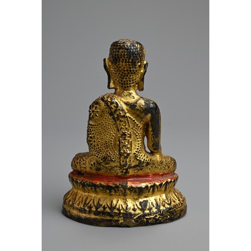 288 - A GOLD LACQUERED BRONZE FIGURE OF BUDDHA, 19TH CENTURY. Seated on a lotus base wearing a dhoti decor... 