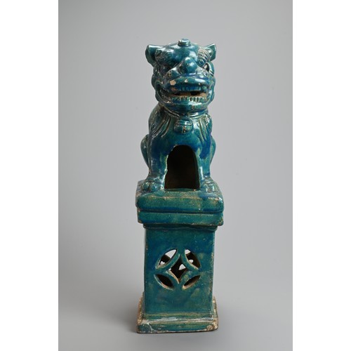 330 - A LARGE CHINESE TURQUOISE GLAZED STONEWARE GUARDIAN LION, MING / QING DYNASTY. The lion seated on a ... 