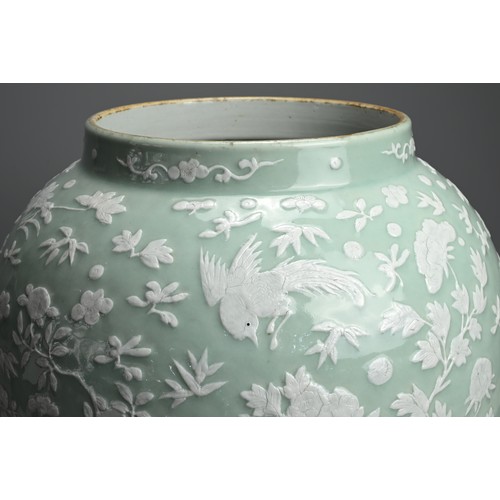 214 - A VERY LARGE CHINESE CELADON GROUND PORCELAIN VASE, EARLY TO MID 19TH CENTURY. Heavily potted of wid... 