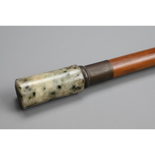 324 - A CHINESE BAMBOO AND JADE HARDSTONE PIPE, 20TH CENTURY. Cylindrical bamboo section with mottled grey... 