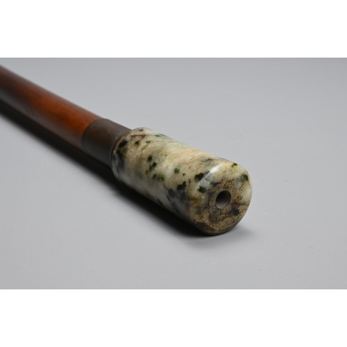 324 - A CHINESE BAMBOO AND JADE HARDSTONE PIPE, 20TH CENTURY. Cylindrical bamboo section with mottled grey... 