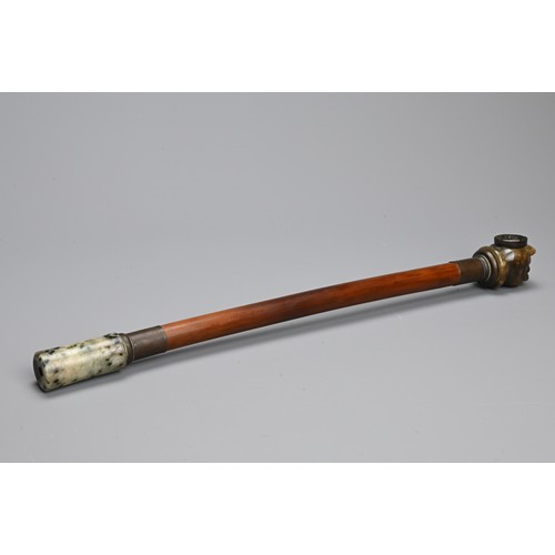 324 - A CHINESE BAMBOO AND JADE HARDSTONE PIPE, 20TH CENTURY. Cylindrical bamboo section with mottled grey... 