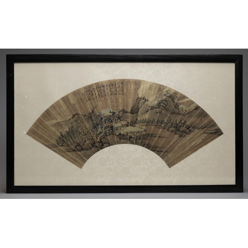 334 - A FRAMED CHINESE FAN PAINTING, 19/20TH CENTURY. Watercolour on paper depicting a house in a rural la... 