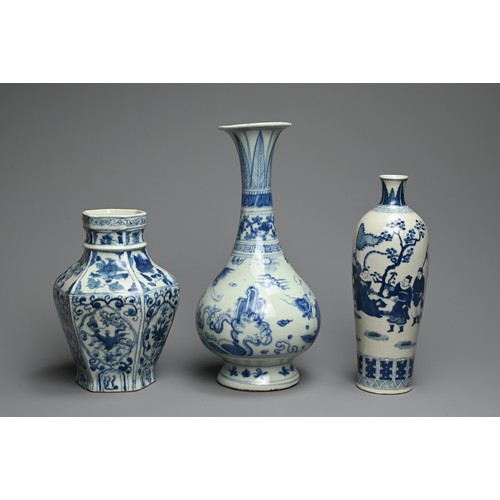 316 - THREE CHINESE BLUE AND WHITE PORCELAIN VASES, QING DYNASTY AND LATER. Comprising: a slender tapering... 