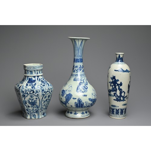 316 - THREE CHINESE BLUE AND WHITE PORCELAIN VASES, QING DYNASTY AND LATER. Comprising: a slender tapering... 