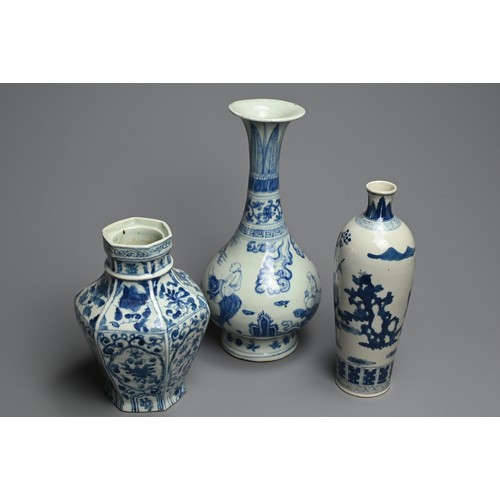 316 - THREE CHINESE BLUE AND WHITE PORCELAIN VASES, QING DYNASTY AND LATER. Comprising: a slender tapering... 