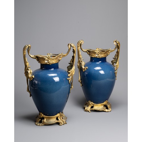 204 - A GOOD PAIR OF CHINESE POWDER BLUE GLAZED PORCELAIN VASES, FRENCH GILT BRONZE MOUNTED, 18TH CENTURY.... 