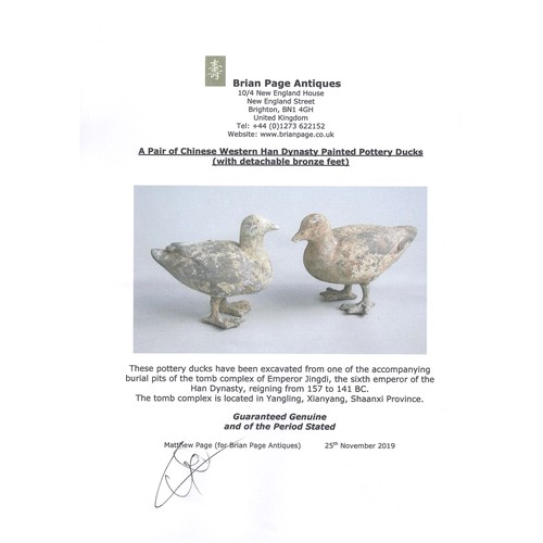 157 - A RARE PAIR OF CHINESE PAINTED POTTERY MODELS OF DUCKS WITH BRONZE FEET, WESTERN HAN DYNASTY. Finely... 