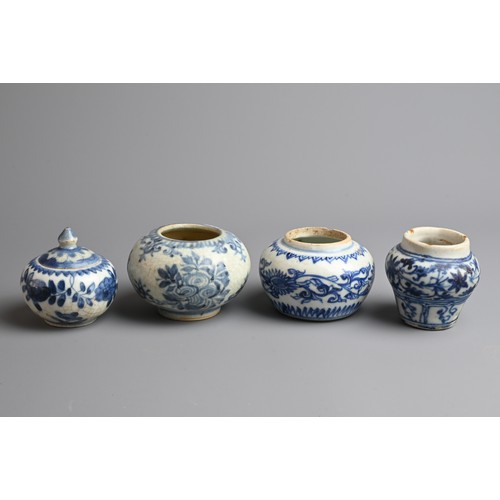 144 - A GROUP OF CHINESE BLUE AND WHITE PORCELAIN ITEMS, MING DYNASTY. To include four jars, one with cove... 