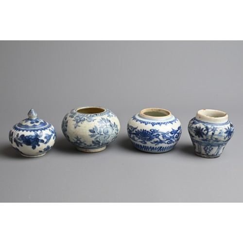 144 - A GROUP OF CHINESE BLUE AND WHITE PORCELAIN ITEMS, MING DYNASTY. To include four jars, one with cove... 