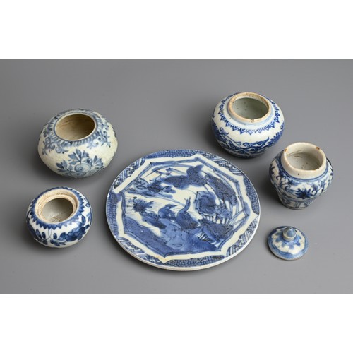 144 - A GROUP OF CHINESE BLUE AND WHITE PORCELAIN ITEMS, MING DYNASTY. To include four jars, one with cove... 