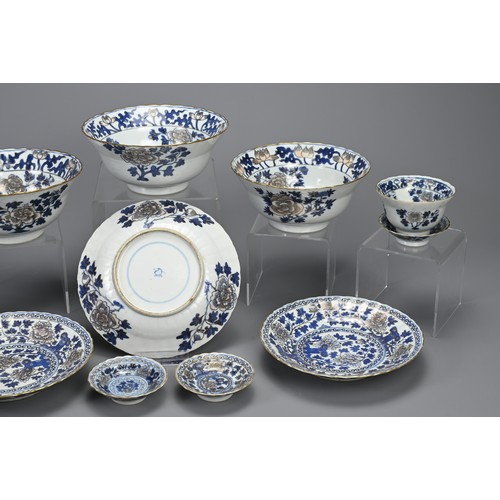 14 - A GROUP OF STRAITS CHINESE NYONYA BLUE AND WHITE GILT DECORATED PORCELAIN ITEMS, 19TH CENTURY. Thirt... 