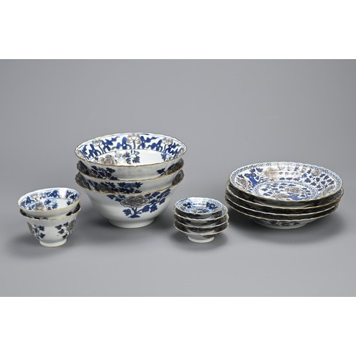 14 - A GROUP OF STRAITS CHINESE NYONYA BLUE AND WHITE GILT DECORATED PORCELAIN ITEMS, 19TH CENTURY. Thirt... 