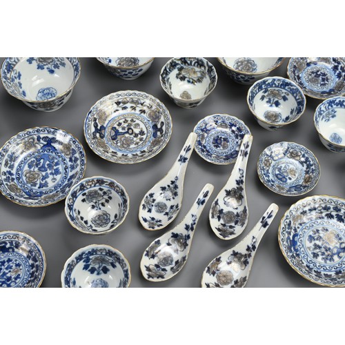 15 - A GROUP OF STRAITS CHINESE NYONYA BLUE AND WHITE GILT DECORATED PORCELAIN ITEMS, 19TH CENTURY. Twent... 